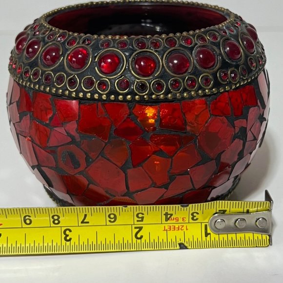 Radiant Elegance: Retro Mosaic Candle Holder / Vase with Brass & Rhinestone Trim - Picture 13 of 13